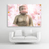 Tysta Akustikbild Asien Buddha mit Buddhastatue und rosa Kirschblüten. Weißer Bilderrahmen im Querformat 3 zu 2 über weißem Sofa.