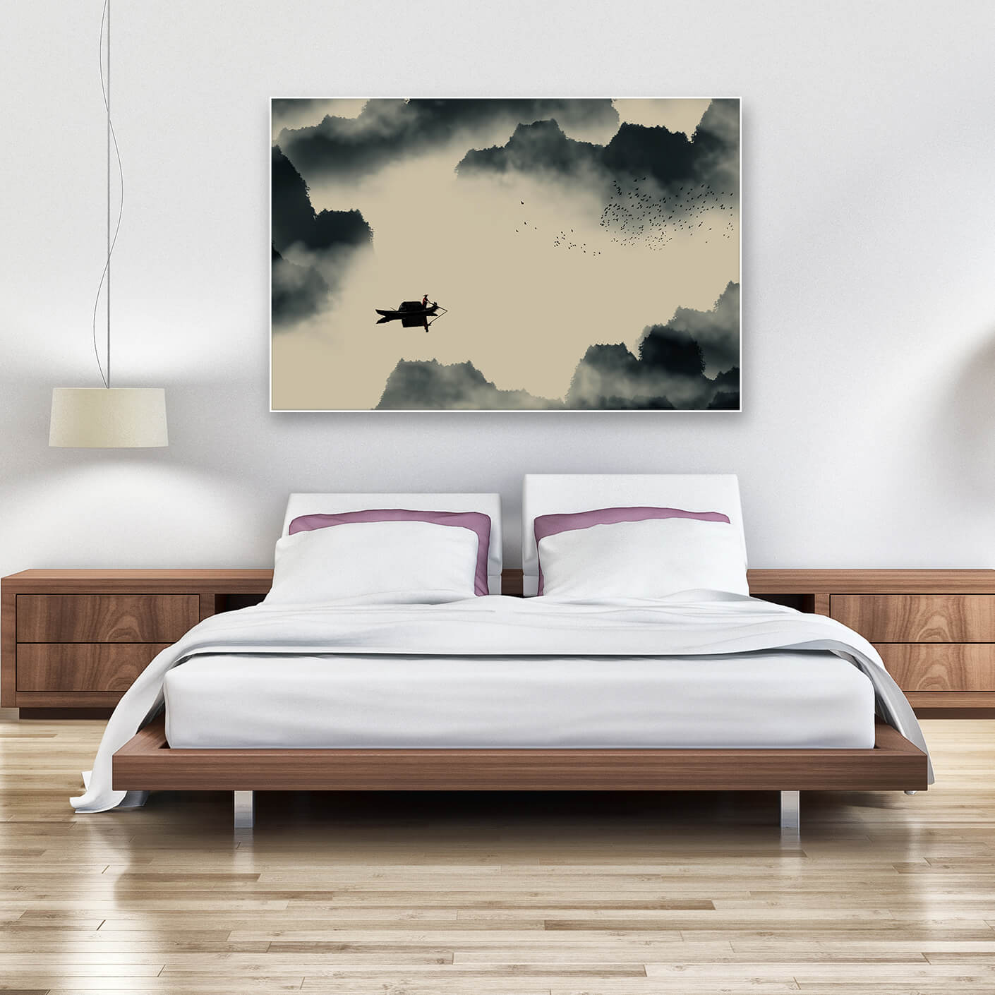 Doppelbett und Akustikbild Asien mit weißem Rahmen und Fischerboot, Vogelschwarm und Wälder im Nebel.