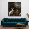Grünes Sofa, Beistelltisch und Schallschutzbild im Hochformat mit Enten, Pfauen und einem Pelikan im schwarzem Bilderrahmen.