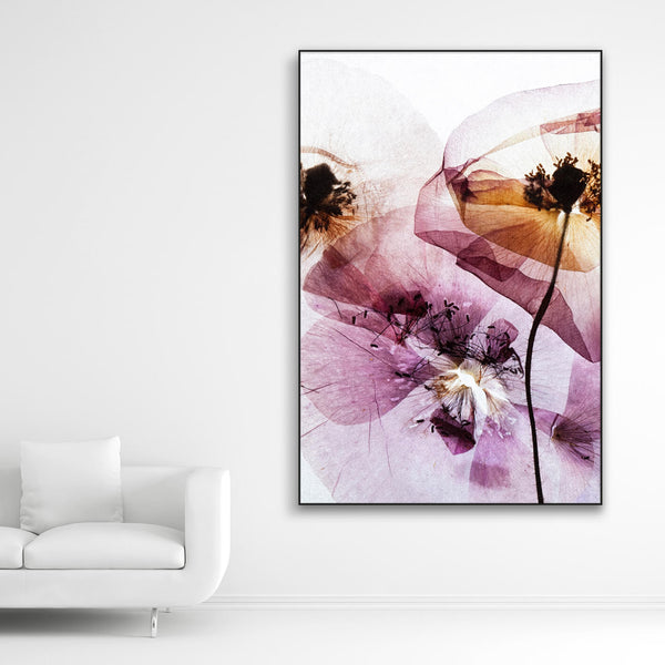 Akustikbild mit transparenten, verblühten Mohnblüten und schwarzem Bilderrahmen im Hochformat neben weißem Sofa.