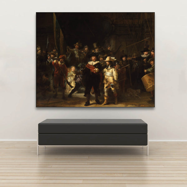 Akustikwandbild mit Männergruppe in historischen Gewändern im schwarzen Rahmen über Sitzbank.