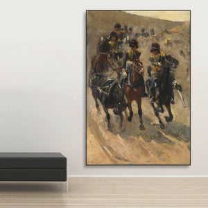 Akustikwandbild mit einer Gruppe von Soldaten auf Pferden im schwarzen Bilderrahmen neben Sitzbank.