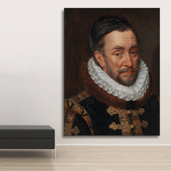 Schallabsorberbild im Hochformat mit Männerportrait im historischen Gewand mit schwarzem Rahmen neben Sitzbank.