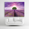 Schallschutzbild Dreamy mit Lavendelfeld, lila farbenen Himmel und Baum. Weißer Rahmen im Querformat über weißem Sofa.