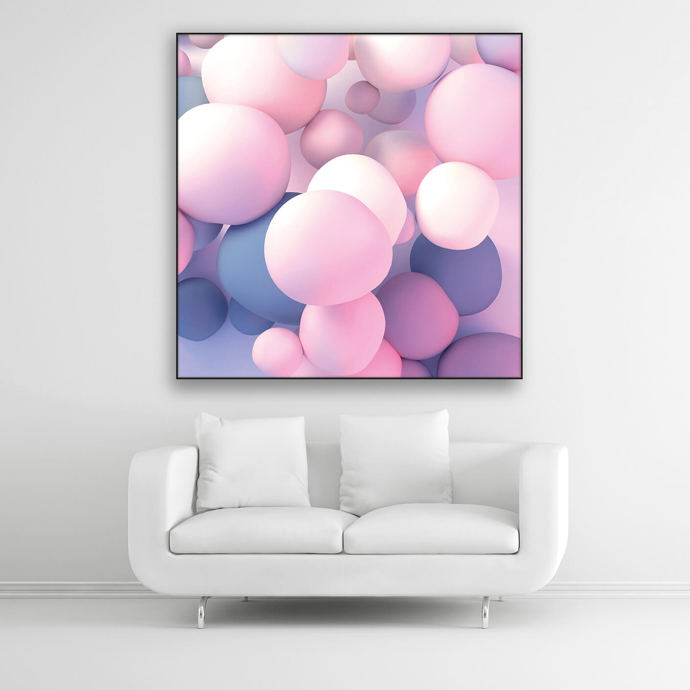 Schallschutzbild mit rosa-blau pastellfarbenden Ballons in unterschiedlicher Größe frei schwebend. Schwarzer Bilderrahmen im Quadrat über weißem Sofa.