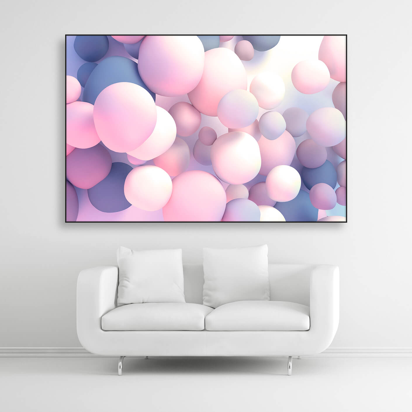 Schallschutzbild mit rosa-blau pastellfarbenden Ballons in unterschiedlicher Größe frei schwebend. Schwarzer Bilderrahmen im Querformat 3 zu 2 über weißem Sofa.