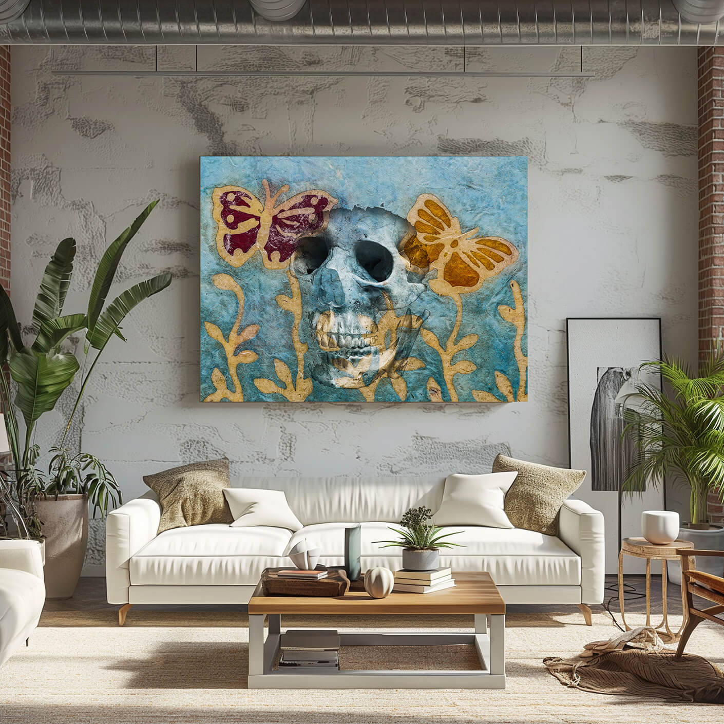 Ein farbenfrohes Gemälde eines Totenkopfes mit goldenen Zähnen, umgeben von Schmetterlingen und Blumen, hängt über einem weißen Sofa in einem modernen Wohnzimmer. Das Kunstwerk hat eine lebendige, mexikanisch inspirierte Ästhetik.