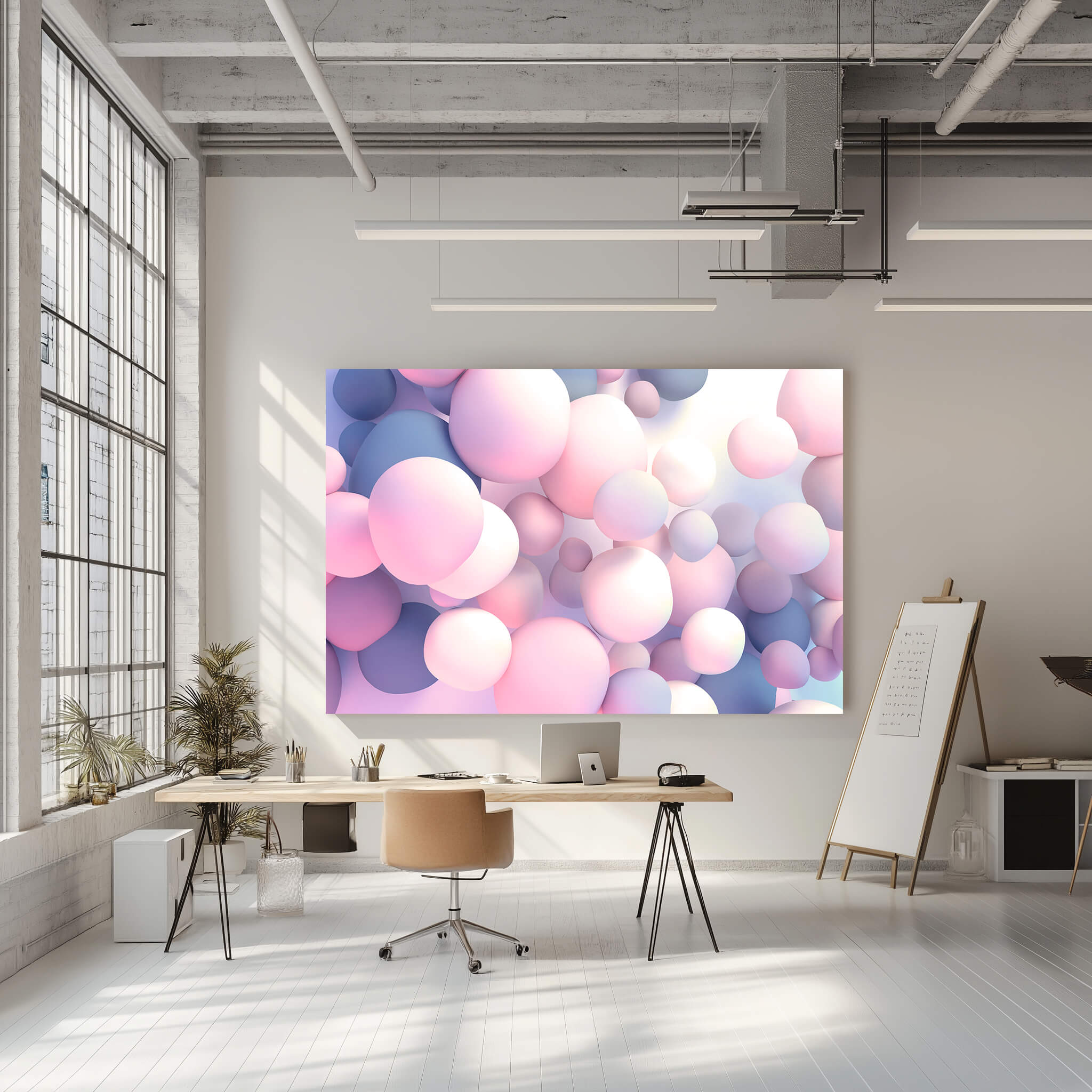 Ein Schreibtisch mit Laptop und Stuhl in einer hellen Fabriketage. An der hellen Wand hängt ein Akustikbild mit pastellfarbenen Ballons in verschiedenen Größen, die einen schwebenden Effekt erzeugen. Die Farben sind hauptsächlich Rosa und Blau mit einem Hauch von Lila und Weiß.