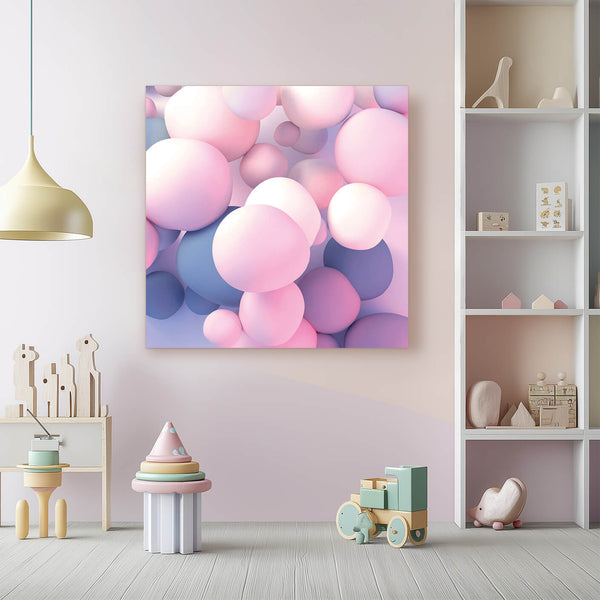 Ein quadratisches Kunstwerk hängt an einer zartrosa Wand in einem Kinderzimmer. Das Bild zeigt eine Vielzahl von überlappenden Ballons in sanften Rosa-, Lila- und Blautönen. Die Ballons wirken dreidimensional und scheinen fast zu schweben. Im Vordergrund des Zimmers stehen ein Holzregal mit Spielzeug, ein Spieltisch mit bunten Bauklötzen und ein kleiner Holztraktor.