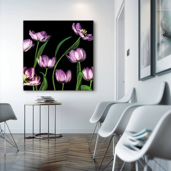 Helles Wartezimmer mit weißen Stühlen und einem abstrakten Gemälde, das eine Reihe voll erblühter, violetter Tulpen auf schwarzem Hintergrund zeigt. Die leuchtenden Farben und detailreiche Darstellung der Blütenblätter erzeugen eine beruhigende Eleganz. 