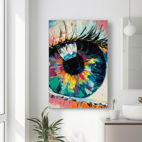 Ein großes Gemälde hängt an einer weißen Wand in einem modernen Badezimmer. Das Bild zeigt ein Auge in Nahaufnahme, wobei die Iris in einer Vielzahl von leuchtenden Farben wie Blau, Grün, Gelb und Pink gestaltet ist. Die Pinselstriche sind deutlich sichtbar und verleihen dem Kunstwerk eine dynamische Textur. Neben dem Bild steht eine grüne Zimmerpflanze, die einen natürlichen Akzent setzt.