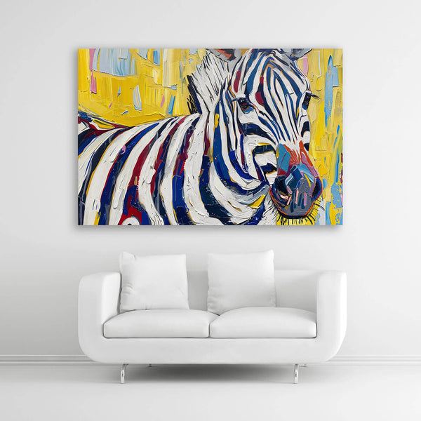 Ein Gemälde im Pop-Art-Stil zeigt ein farbenfrohes Zebra mit kräftigen Pinselstrichen auf gelbem Hintergrund.  Bildformat 3 zu 2.