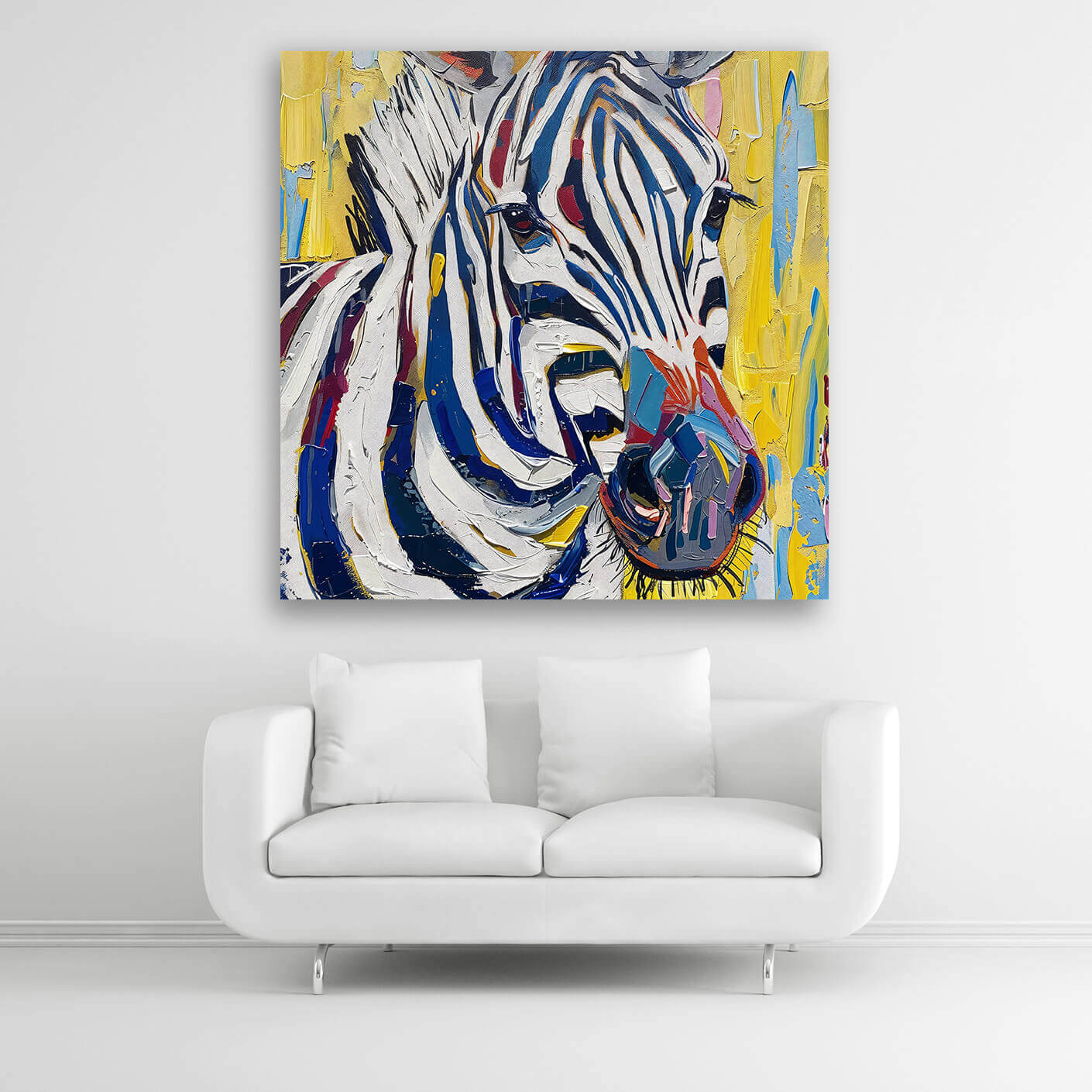 Ein Gemälde im Pop-Art-Stil zeigt ein farbenfrohes Zebra mit kräftigen Pinselstrichen auf gelbem Hintergrund.  Bildformat quadratisch.