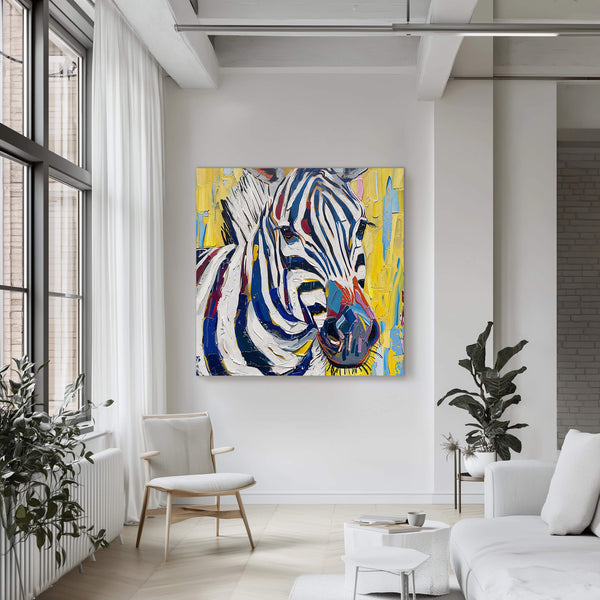 Heller Wohnbereich einer Fabriketage mit Sofa, Stuhl und Pflanzen. An der Wand hängt ein Gemälde im Pop-Art-Stil, das ein farbenfrohes Zebra mit kräftigen Pinselstrichen auf gelbem Hintergrund zeigt..