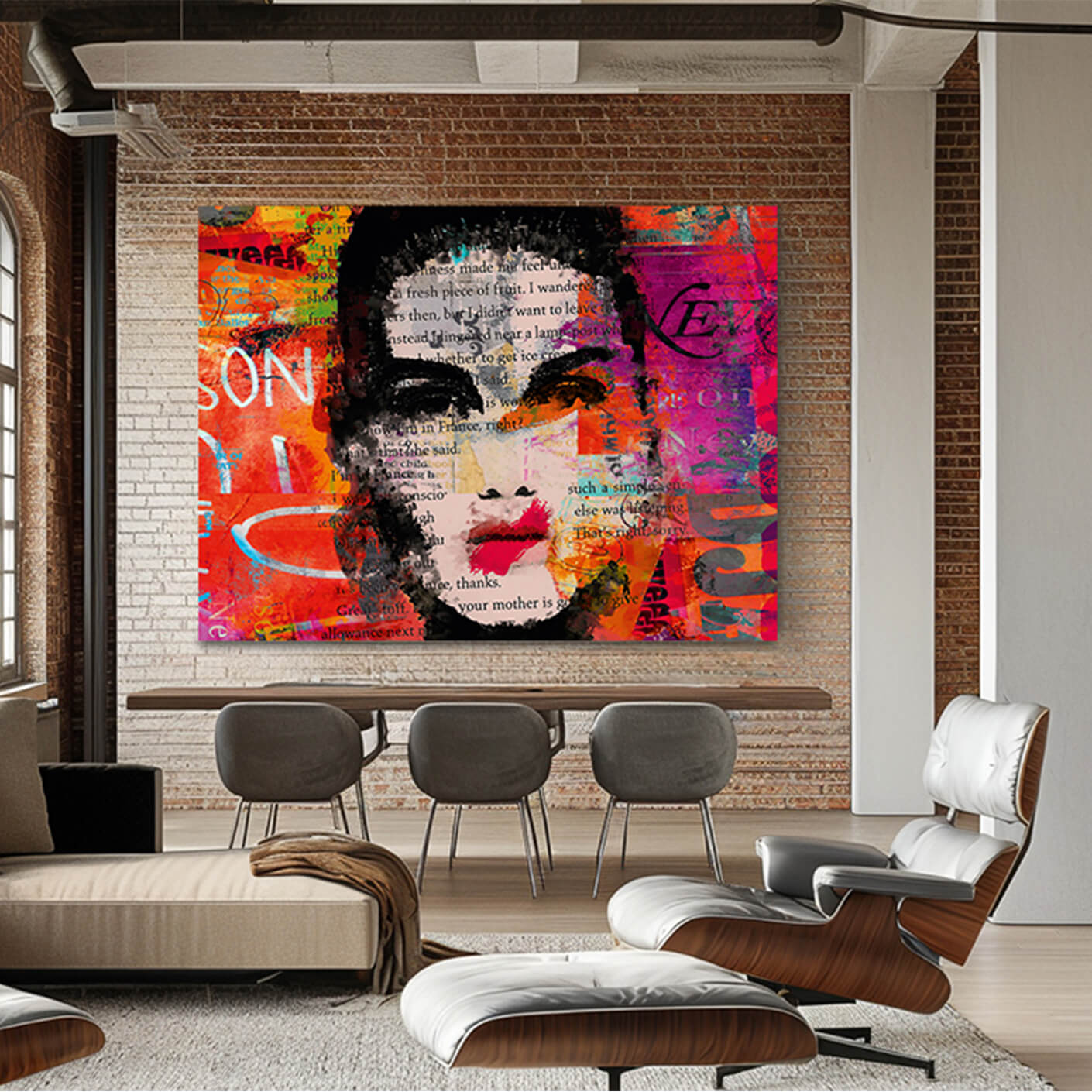 Buntes Akustikbild im Pop-Art-Stil mit Textfragmenten und einem Frauenporträt in Rot-, Orange- und Pinktönen. Das Bild hängt an einer Ziegelwand in einem modernen Loft.